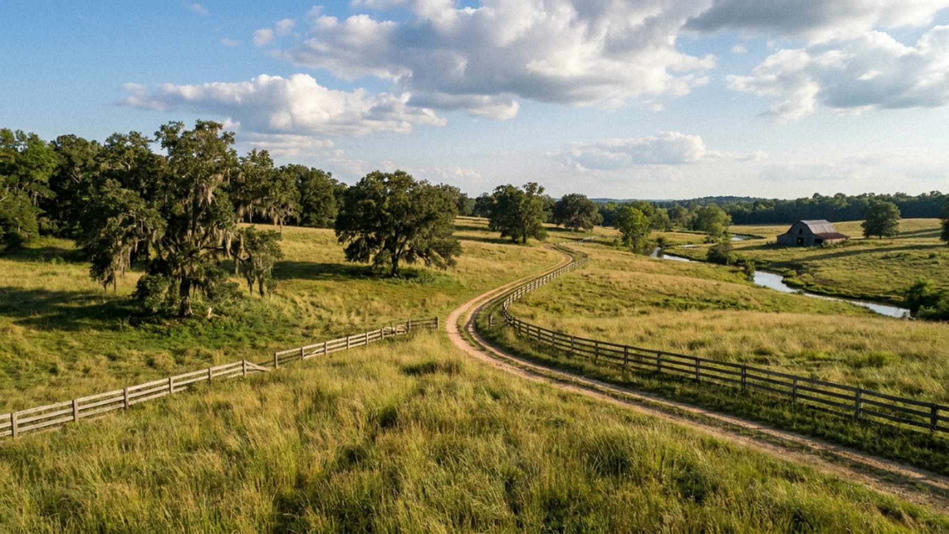 Fenced rural acreage with a winding dirt road, mature oaks, and a barn under a wide open sky